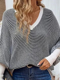 And Winter New Loose Knitted Stripes V Collar Bat Sleeve Splicing Stuff Sweater Women's