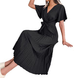 Explosion Real Shooting Spring And Summer Temperament Cross V Collar Big Swing 100-Fold Dress Women's