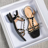 Summer New Fashion Super Heel Rivet Word Low-Heeled Sandals Women's Large Size Shoes