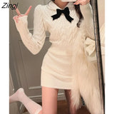 Autumn Knitted 2 Piece Dress Set Women Sexy Bodycon Mini Skirt + Long Sleeve Short Sweater Female Retro Casual Korean