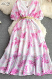 Women Printed Chiffon Dress Elegant V-Neck Short Puff Sleeve High Waist A-Line Vintage Vestidos With Sashes New