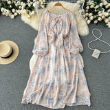 Autumn Women Printed Long Dress Vintage Puff Sleeve High Waist A-Line Casual Maxi Vestidos Vacation Beach Robe