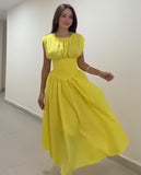 New Sweet Pure Want To Collect Waist Thin A Word French Girl Folds Splicing Short Sleeve Long Dress
