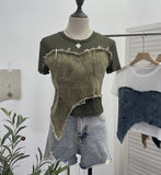 Shooting Denim Splicing Mesh Yarn Short-Sleeved T-Shirt Summer Dress Irregularly Short High-Waist Repair Body Coat