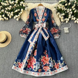 Style Retro Print Temperament Dress Female Long Sleeves With Thin Belt V-Neck Dress Long