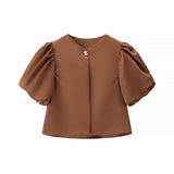 Temperament Women's Top Print Simple Short Sleeve Three-Color New Spring Loose Bubble Sleeve