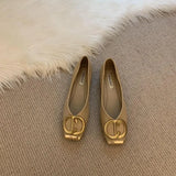 Women 2025 Spring New Design Sense Of Niche Soft Leather Light-Mouthed Metal Buckle Shoes Flat-Soled Grandmother