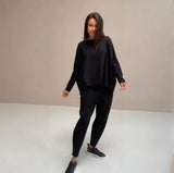 2025 New Women's Solid Color Round-Neck Long-Sleeved Set Pocket Casual Pants