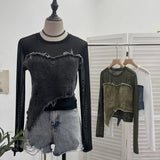 Feel Niche Cowboy Splicing Long-Sleeved Mesh T-Shirt Girl Summer Round Collar Dress Short Top