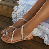 Summer New Toe Beaded Sandals Women Flat Bottom Water Drill Large Beach Cool Slippers