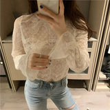 Spring New Lace Bottoms Shirts Sexy Women Long Sleeve Hollow Out Korean Clothes Fashion Thin Mesh Tops Elegant Female
