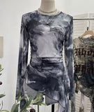 Shooting Babes Long Sleeves And Jersey Net Yarn Dye Printing Irregular Lotus Leaf Edge Ribbon Folding Top