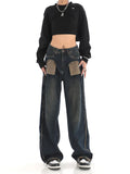 Zingj New Niche Design Contrast Jeans Women's High Street Blue Fur Mop Wide Leg