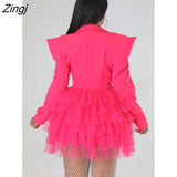 Sexy Bodycon Dress Mesh Hem Deep V Puff Long Sleeve Dresses for Women Autumn Winter Birthday Party
