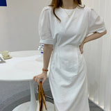 Summer Women Simple Casual Solid Midi Dress Female Short Sleeve A-line Fashion Holiday