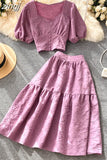 Two Piece Set Women Vintage Square Collar Short Sleeve Tops + High Waist A-Line Skirt Female Suits 2023