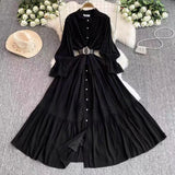 Elegant Dress Women Spring And Autumn French Retro Collar Lace Lace To Receive Waist Single Buckle Swoon