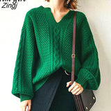 Harajuku Green Sweater Women V-Neck Long Sleeve Elegant Ladies Oversize Pullover Female Loose Knitted Jumper Casual