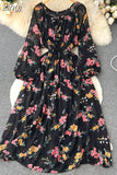 Autumn Women Printed Long Dress Vintage Puff Sleeve High Waist A-Line Casual Maxi Vestidos Vacation Beach Robe