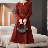 And Autumn 2025 Luxury Temperament Orange Red Design Sense V Collar Long-Sleeved Dress Elegant Commute Fashion Long