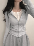 Fresh Sweet Spicy Wind Striped Hooded Collar Jacket With Thin Short Cardigan Long-Sleeved Top Autumn Dress