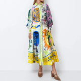 Women's Retro Printed Lantern Sleeves Waist Swing