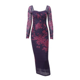 Zingj Women's Fall 2023 New Sexy Retro Print Lace Strap Slim Slit Long Sleeved Dress
