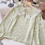 Floral Print Shirt Women Sweet Cute Peter Pan Collar Long Sleeve Laced Blouse Japanese Kawaii Lolita Tops Female