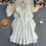 Zingj Vacation Wind French Retro Square Collar Waist Dress Female Summer Design Sense Bubble Short Sleeve Fairy