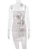 New Tube Mini Dress for Women Festival Celebrity Wear Elegant Sexy Cut Out Mesh Ruched Bodycon Night Club Party