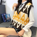 Vest Women Knitting Geometric Argyle Retro Autumn Korean Style New Ladies Sweaters Winter All-match Outwear Teens