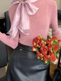 Design With Bow Temperament Elegant Knitted Shirt Autumn And Winter New Rich Gold Feeling Thin