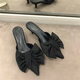 New Spring Slippers Women's Korean-Style Pointed Polka Dot Bow Stiletto Mid-Heel Low Heel Slippers Polka Dot Half
