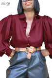 Loose Lady Sexy Tops Lantern Sleeve Vintage Silk Shirt Women Single-breasted Backless Satin Blouse Women Blusas New