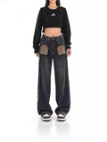 Zingj New Niche Design Contrast Jeans Women's High Street Blue Fur Mop Wide Leg