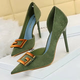 Shoes Red Green Black Woman Pumps Metal Square Buckle Women Heels Sexy Banquet Shoes Pointed Toe Stiletto Plus Size
