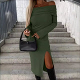 Zingj Hot Style Autumn And Winter New Long Sleeve Solid Color One Word Collar Slit Dress