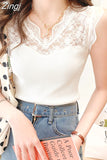Women Camisole Lace Blouse Sweet Hollow Casual Slim Sleeveless T-shirt V Neck Knitted Cotton Bottoming Shirt Korean Top