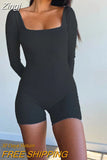 Casual Rib Knitted Playsuit Square Collar Full Sleeve Slim Fit Romper Bodycon Chic Women Sexy Low Cut Backless