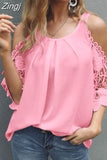 Shoulder Lace Blouse Women Summer Tops 2023 Hollow Out Half Sleeve White Black Blouses O-Neck Solid Loose 5XL Clothes