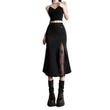 Zingj 2024 New Women's Design Sense Retro Lace Stitching Split Fishtail Skirt-Outfit