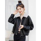 Fur Collar Plus Velvet Coat Women 2025 Winter New Small Loose PU Locomotive Jacket