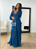 2025 Elegant Splicing Long-Sleeved V-Neck Dress Women's