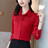 Spring 2025 New Shirt High-End Satin Stitching Lace Long-Sleeved
