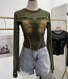 Real Shooting Hottie Water Wash Side Of The Cowboy Splicing Mesh Yarn Long Sleeve Blouse Short High-Waisted T-Shirt