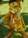 Square Neck Pleated A-Line Dress Spring Summer Short Sleeve Loose Floral Print Dress Women Elegant Puff Sleeve Party Dress 211-0-Outfit