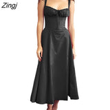 Women Summer Solid Color Long Dress Sleeveless Bandage Party A-line Dress for Cocktail Nightclub