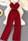Sexy Women Romper Female Red/Orange/Black Sleeveless High Waist V-Neck Wide Leg Playsuit With Sashes New Fashion