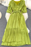 Vintage Women Irregular Pleated Dress Elegant V-Neck Ruffle Short Puff Sleeve High Waist Draped Midi Robe With Belt