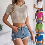 Shooting Spring And Summer Leisure Hollow Jasmine Short-Sleeved Knitted Jersey Holiday Short Umbilong Tops Women's